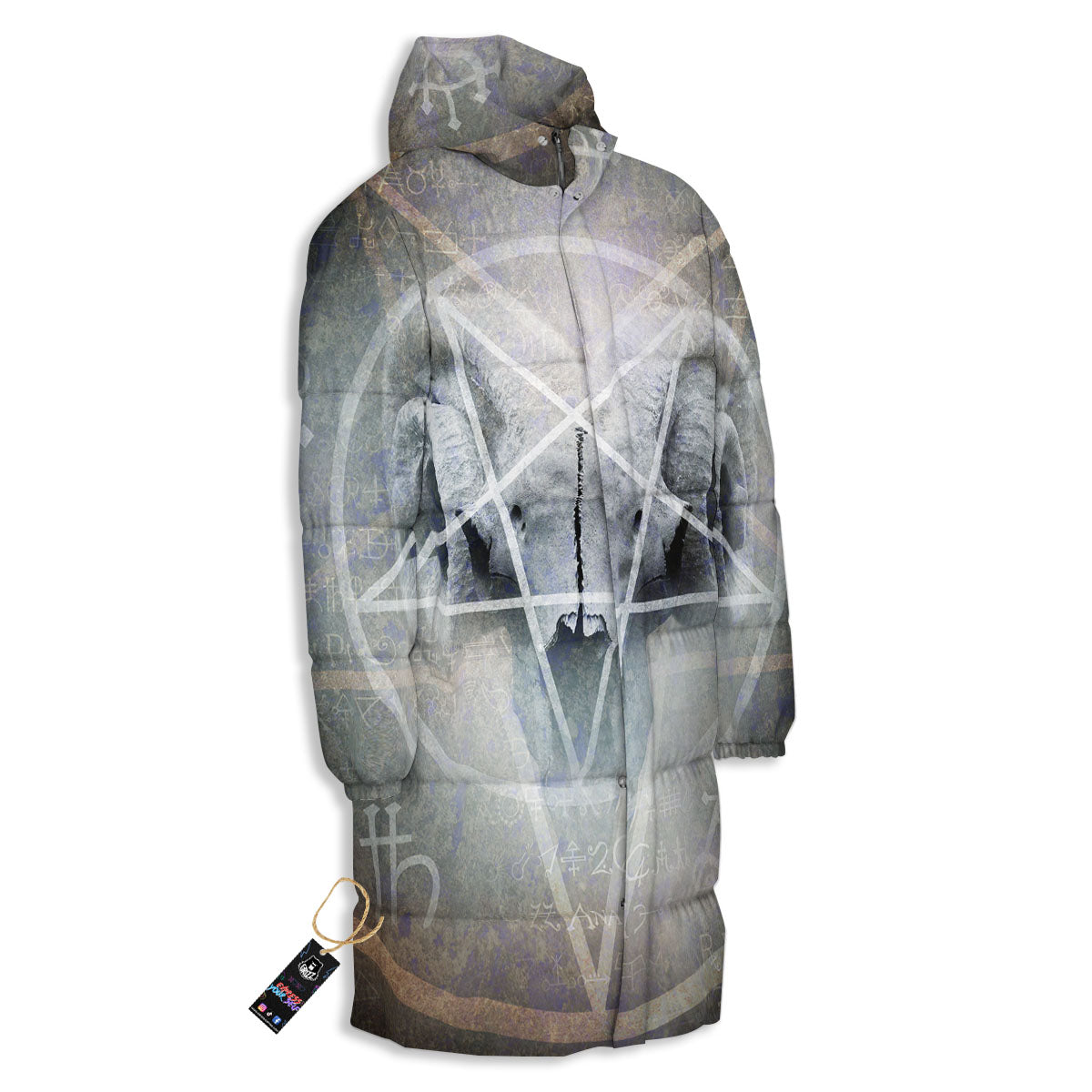 Skull Satanic Pentagram Print Long Down Jacket-grizzshop