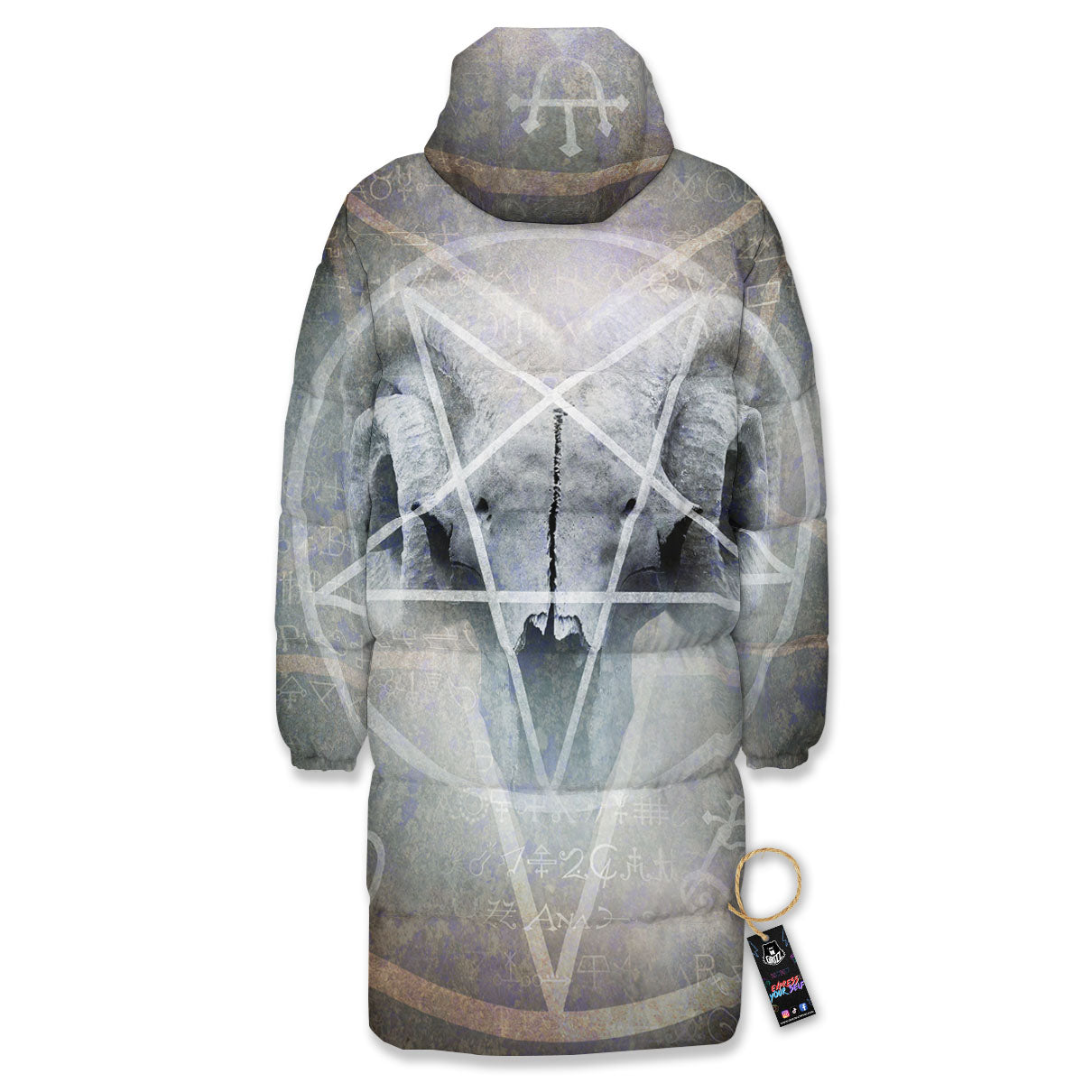 Skull Satanic Pentagram Print Long Down Jacket-grizzshop
