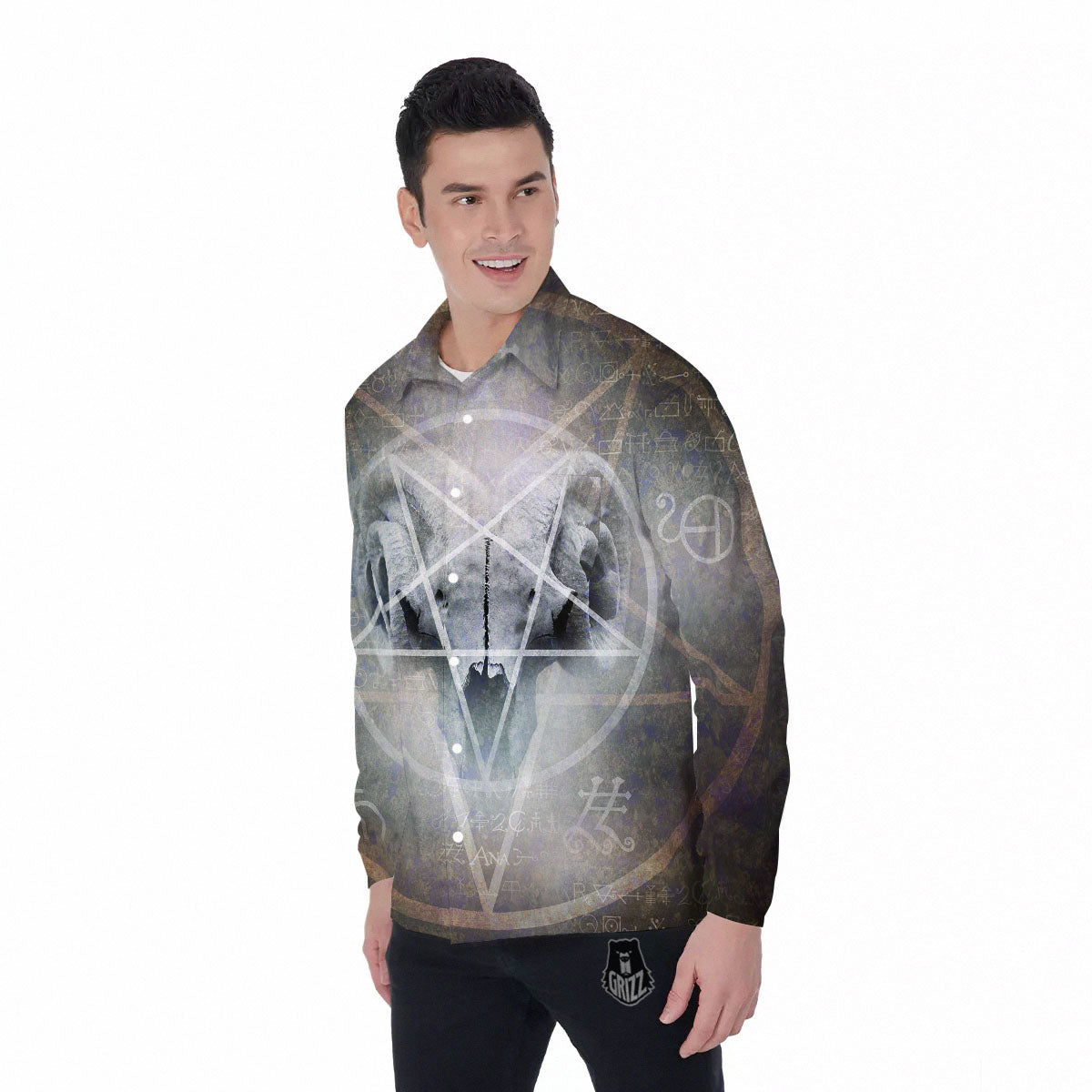Skull Satanic Pentagram Print Men's Long Sleeve Shirts-grizzshop