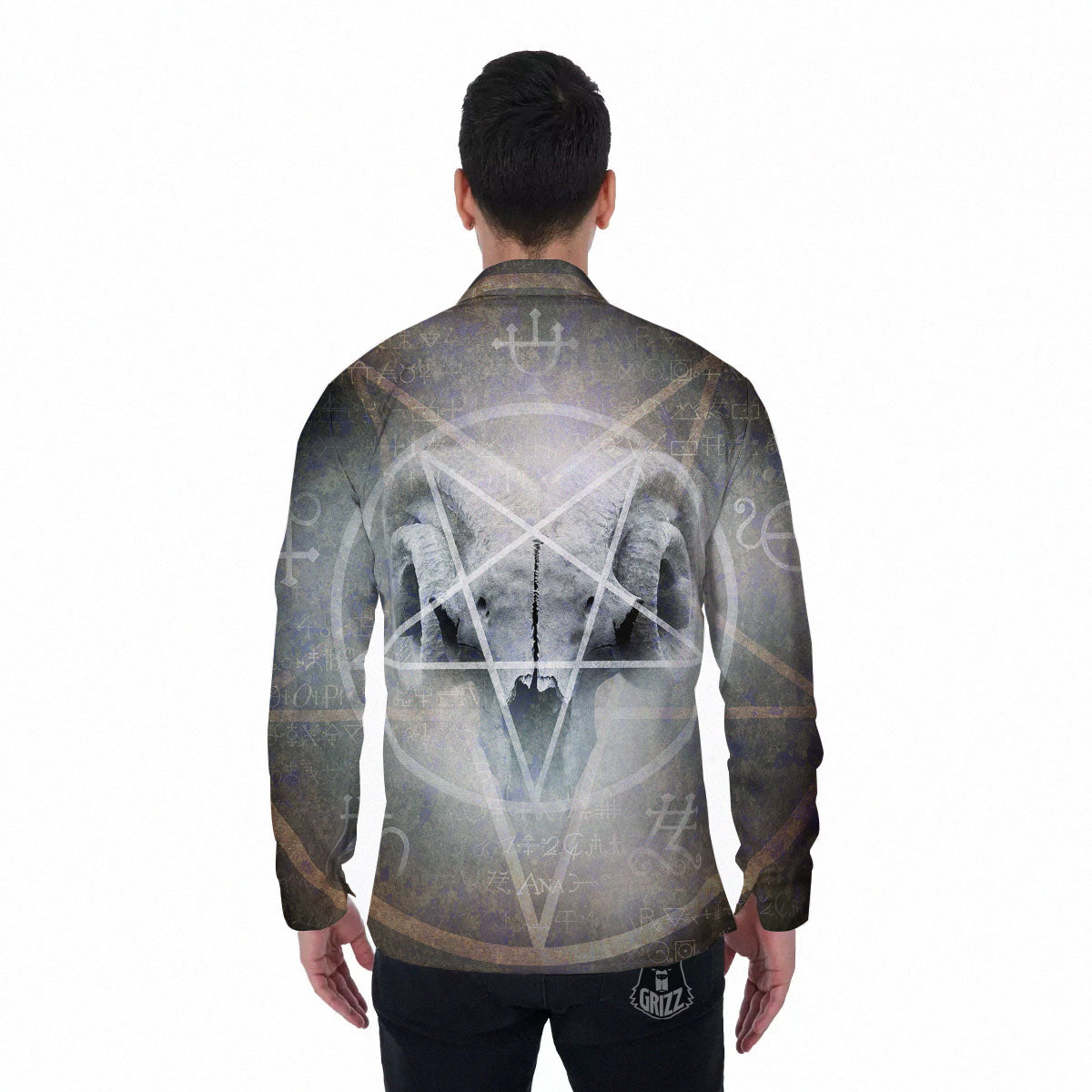 Skull Satanic Pentagram Print Men's Long Sleeve Shirts-grizzshop