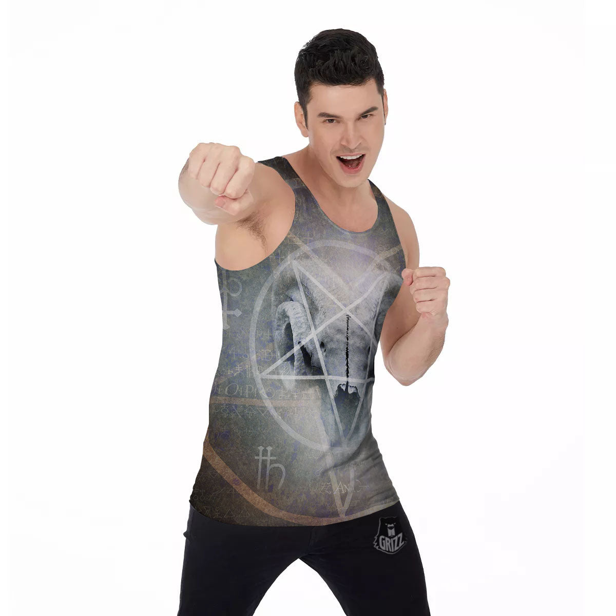 Skull Satanic Pentagram Print Men's Tank Top-grizzshop