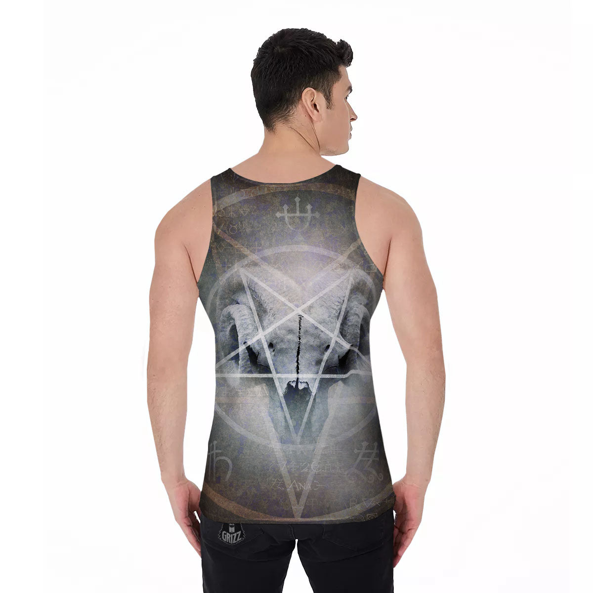 Skull Satanic Pentagram Print Men's Tank Top-grizzshop