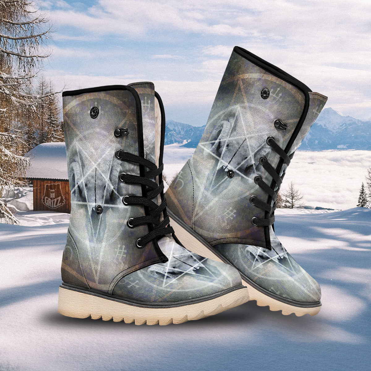 Skull Satanic Pentagram Print Snow Boots-grizzshop
