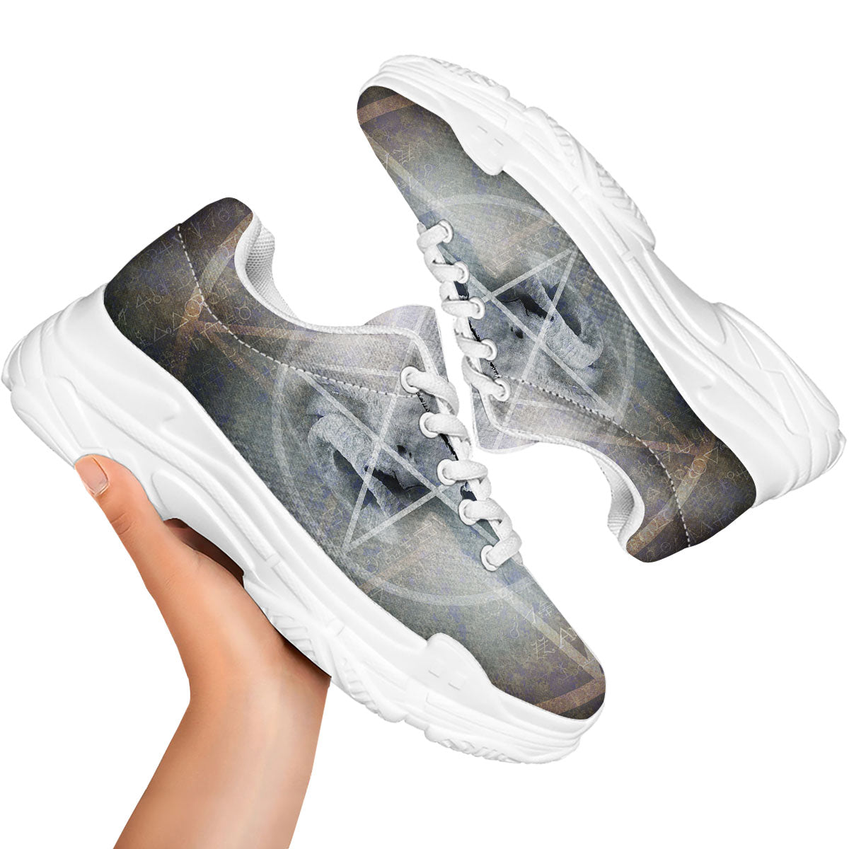Skull Satanic Pentagram Print White Chunky Shoes-grizzshop
