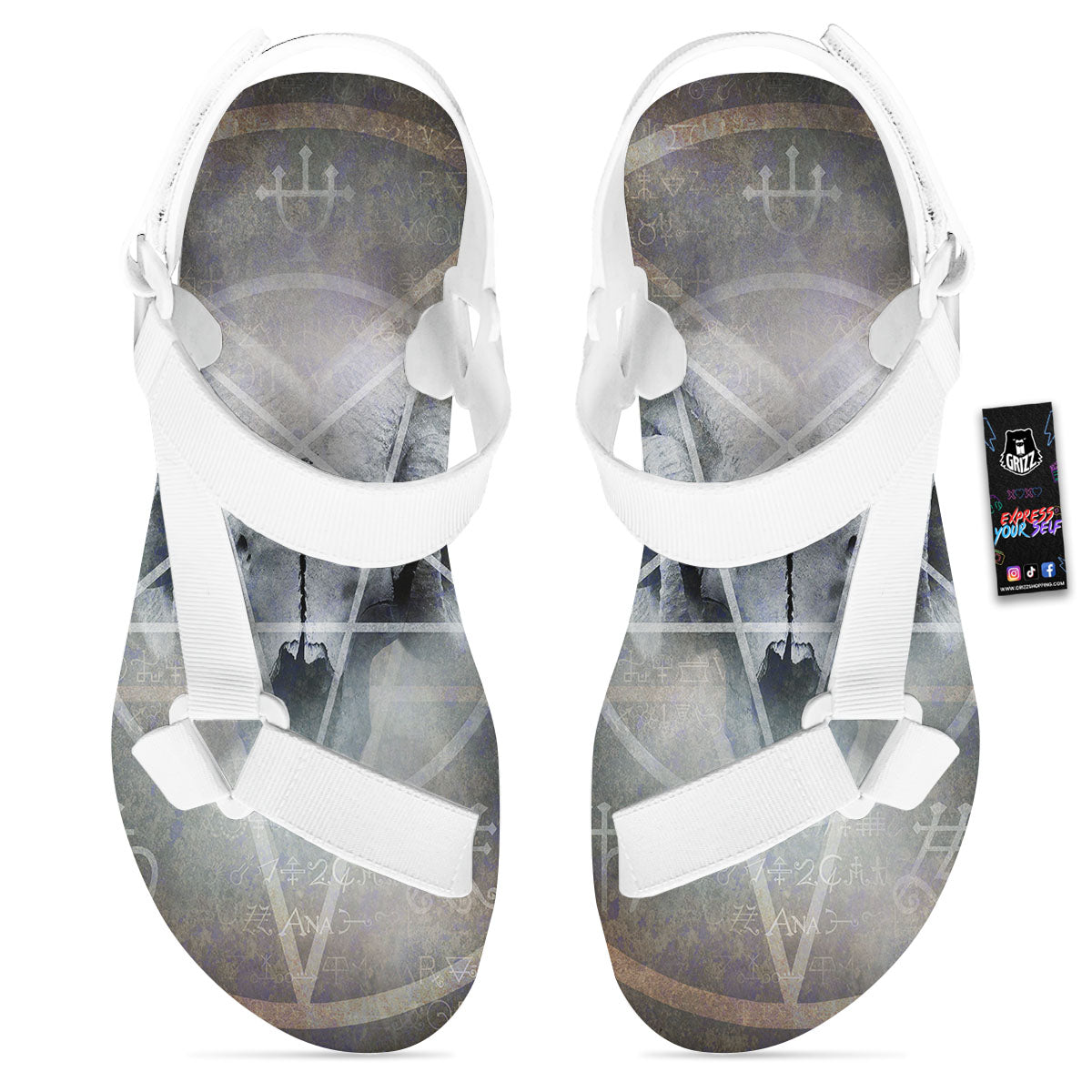 Skull Satanic Pentagram Print White Open Toe Sandals-grizzshop