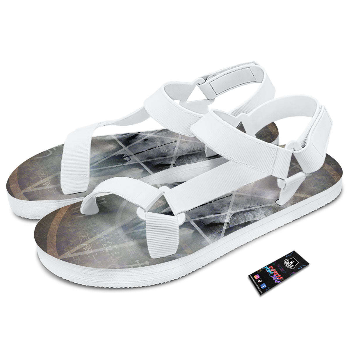 Skull Satanic Pentagram Print White Open Toe Sandals-grizzshop