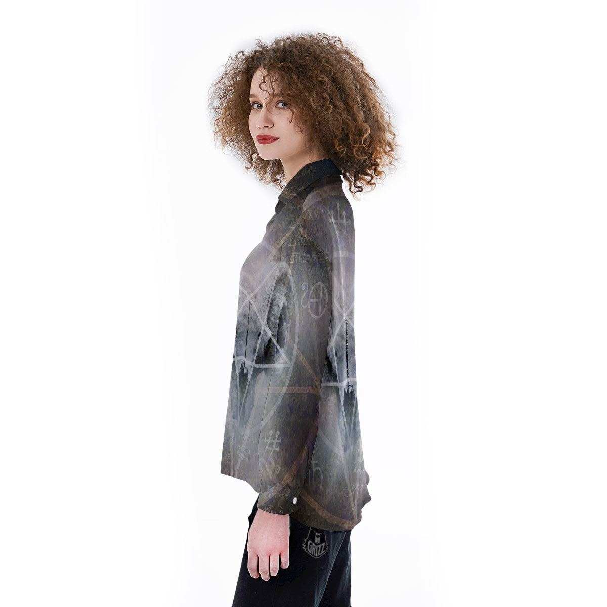 Skull Satanic Pentagram Print Women's Long Sleeve Shirts-grizzshop