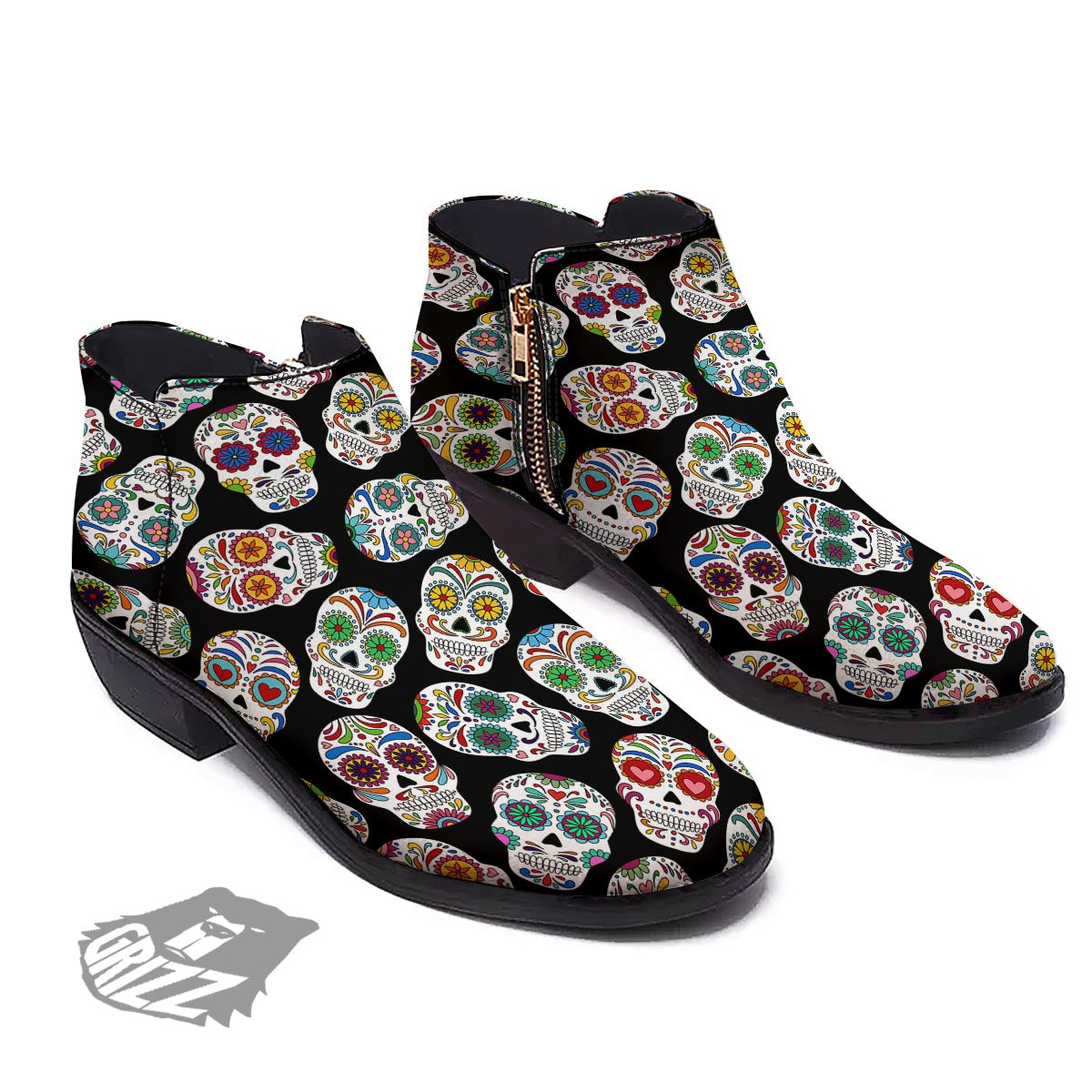 Skull Sugar Print Pattern Ankle Boots-grizzshop