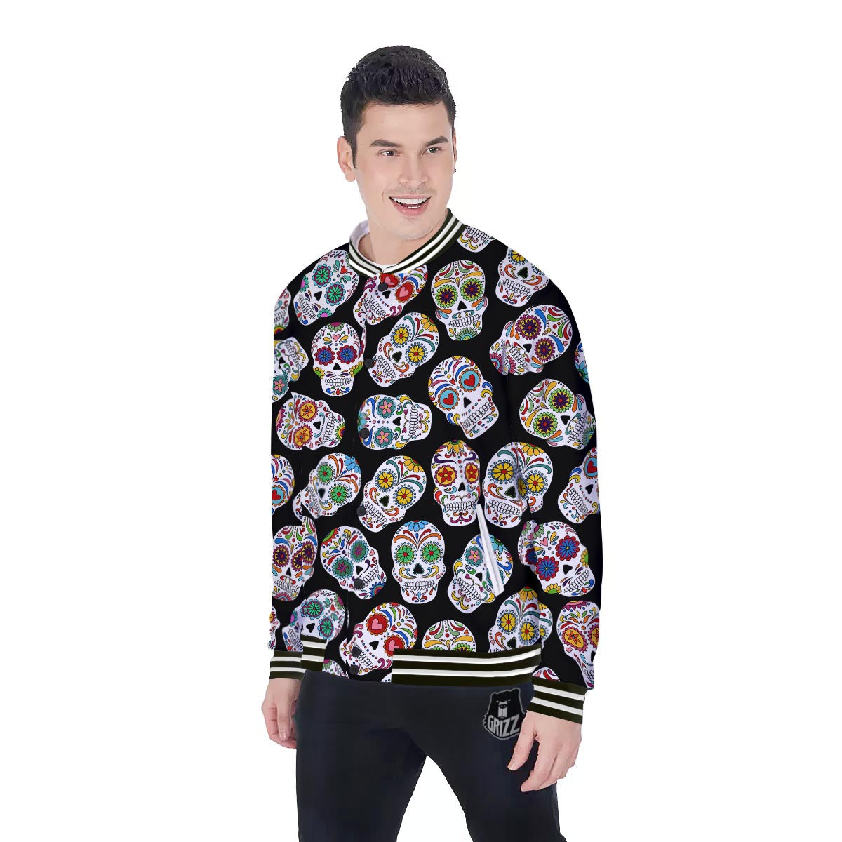 Skull Sugar Print Pattern Baseball Jacket-grizzshop