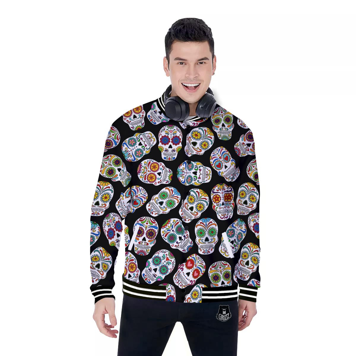Skull Sugar Print Pattern Baseball Jacket-grizzshop