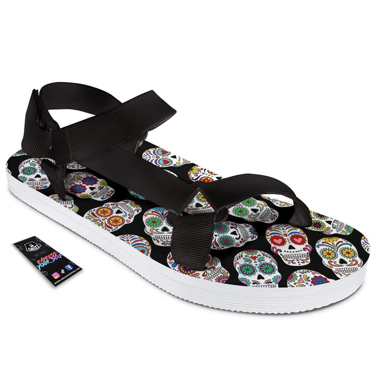 Skull Sugar Print Pattern Black Open Toe Sandals-grizzshop