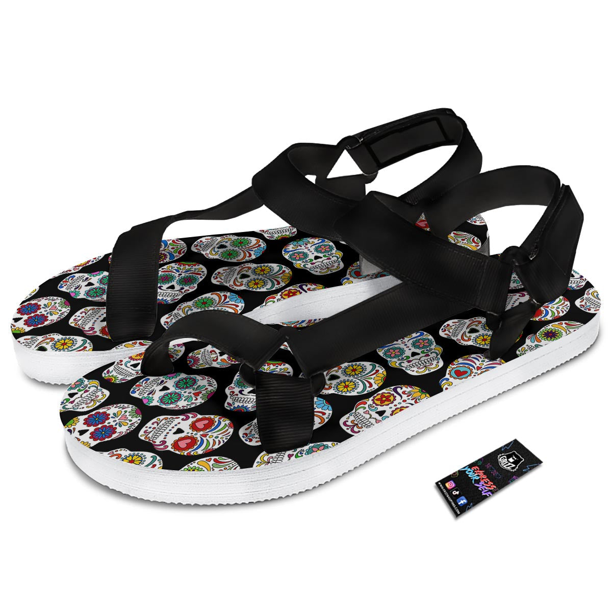 Skull Sugar Print Pattern Black Open Toe Sandals-grizzshop