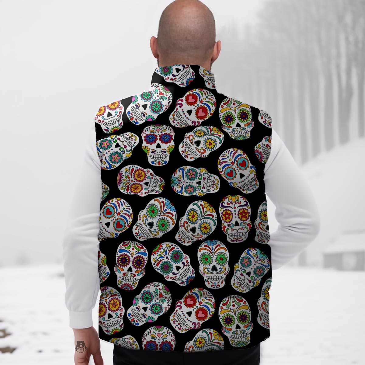 Skull Sugar Print Pattern Down Vest-grizzshop