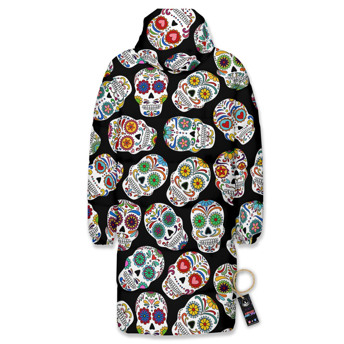 Skull Sugar Print Pattern Long Down Jacket-grizzshop