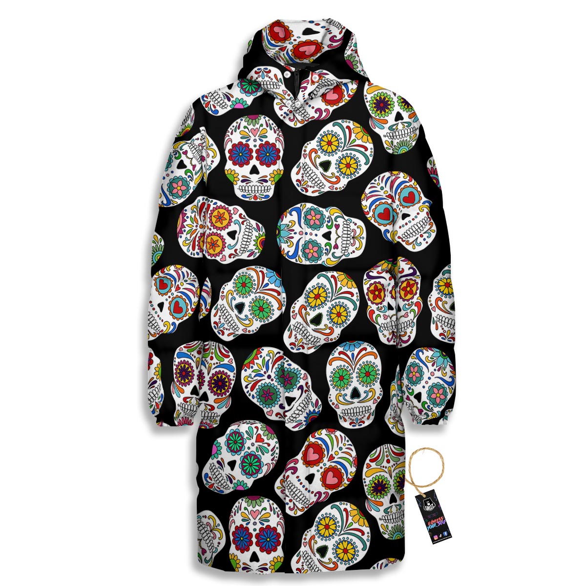 Skull Sugar Print Pattern Long Down Jacket-grizzshop