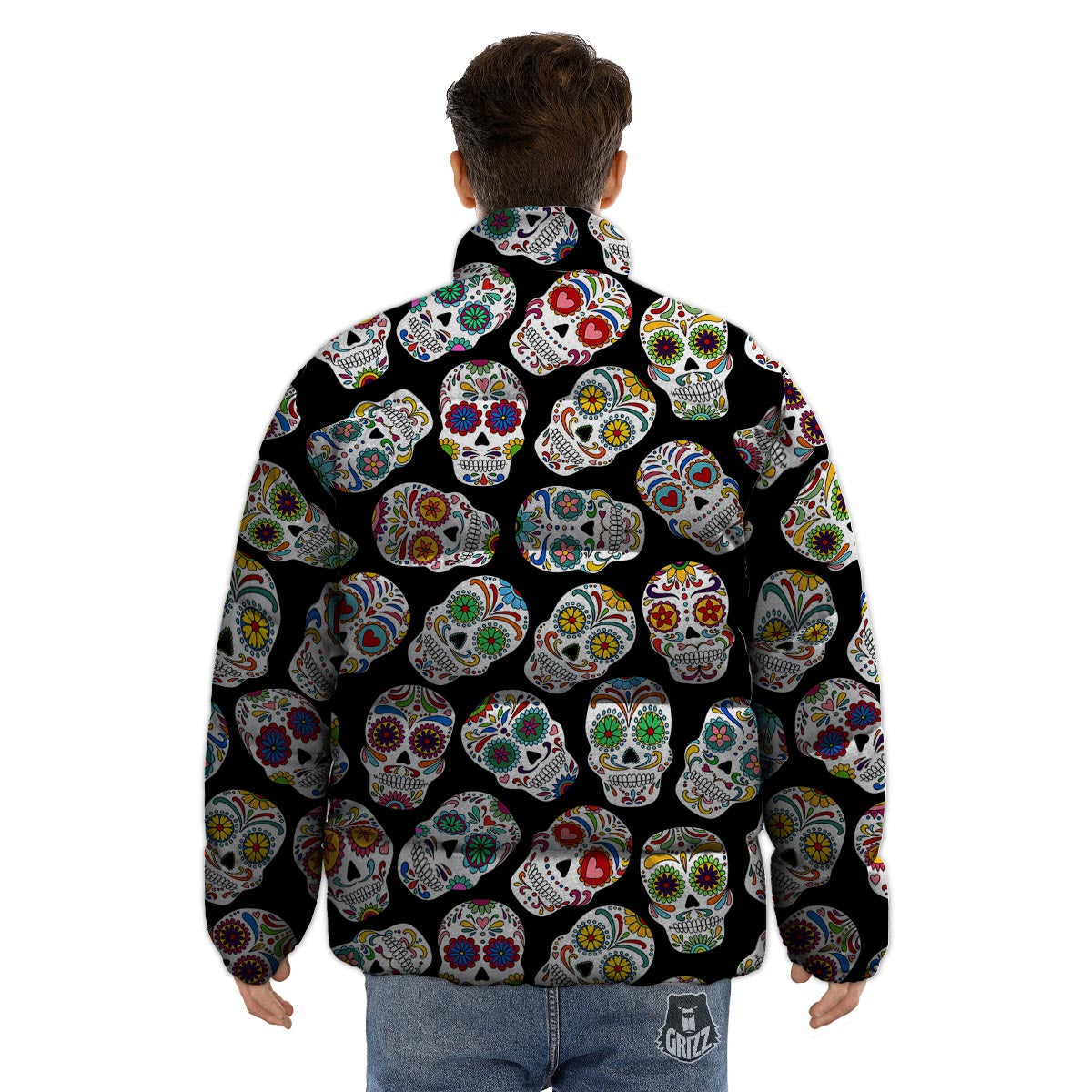 Skull Sugar Print Pattern Puffer Jacket-grizzshop