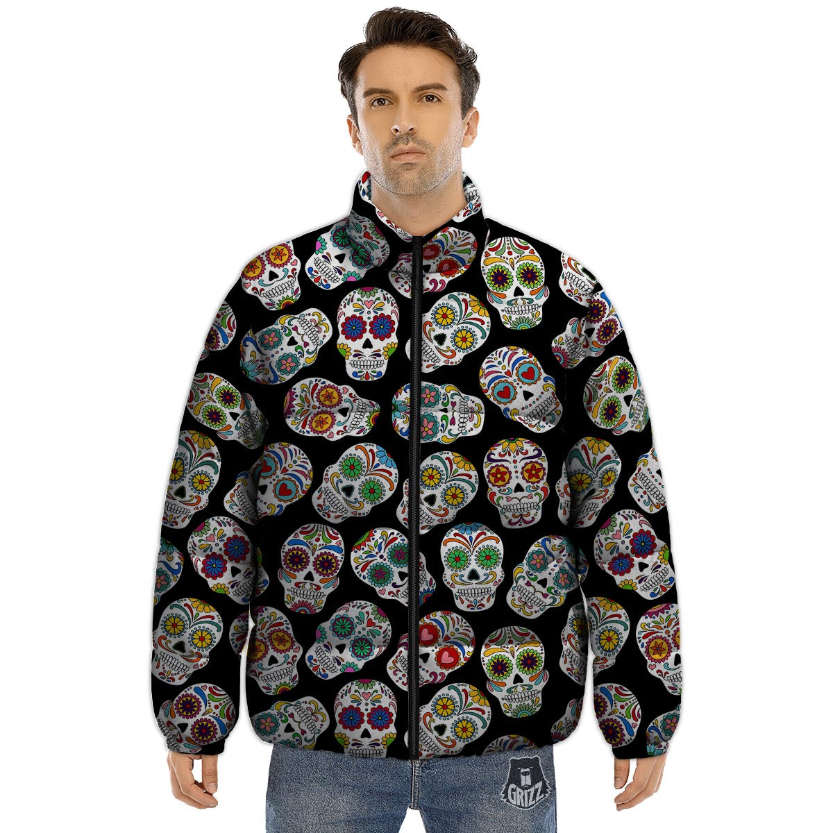 Skull Sugar Print Pattern Puffer Jacket-grizzshop