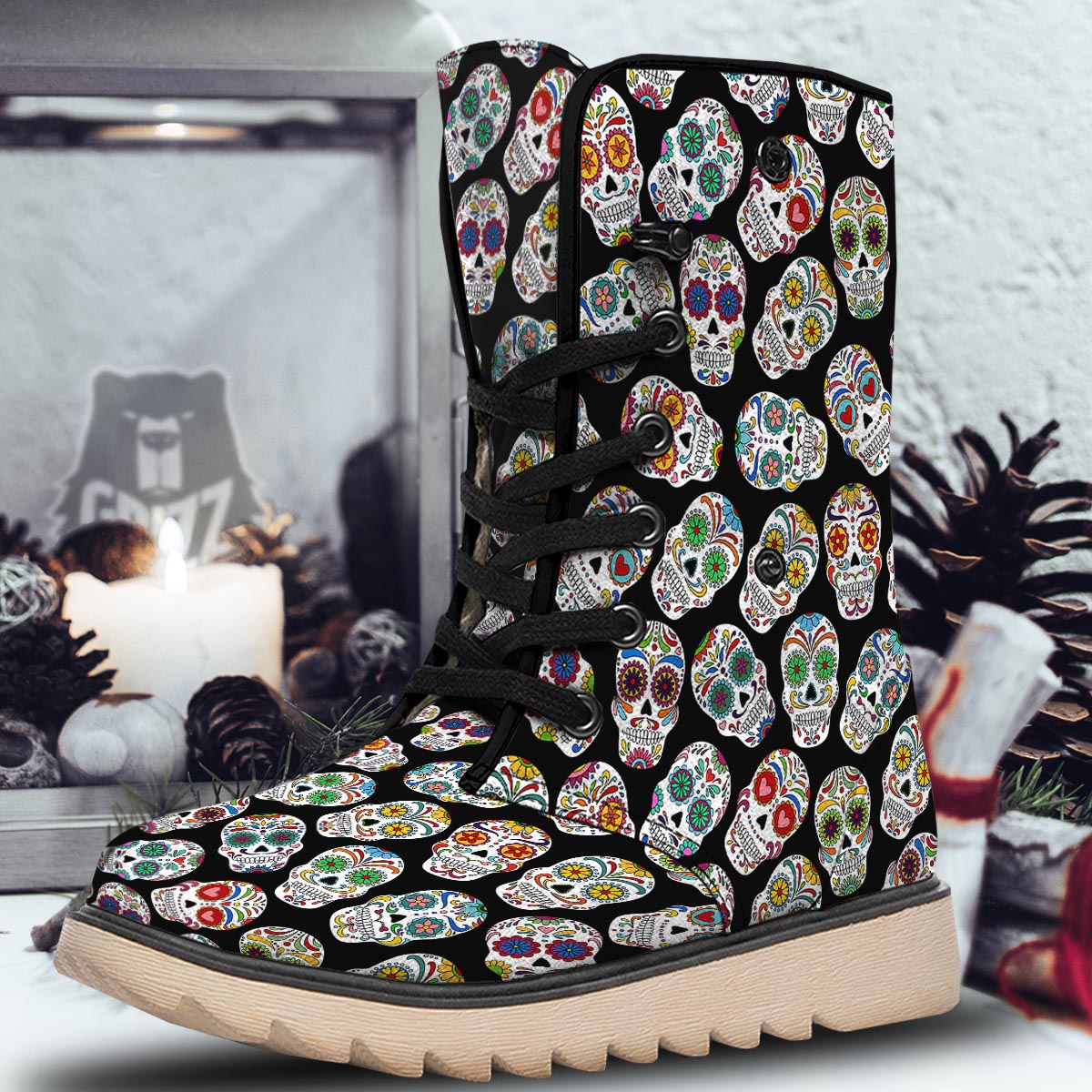 Skull Sugar Print Pattern Snow Boots-grizzshop