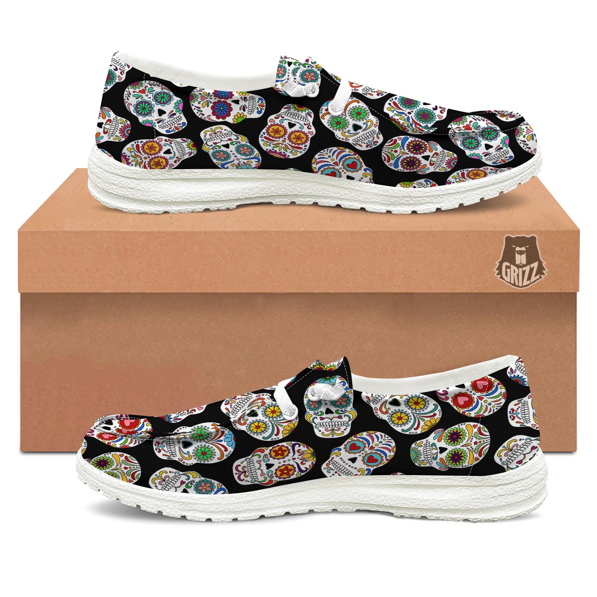 Skull Sugar Print Pattern White Loafers-grizzshop