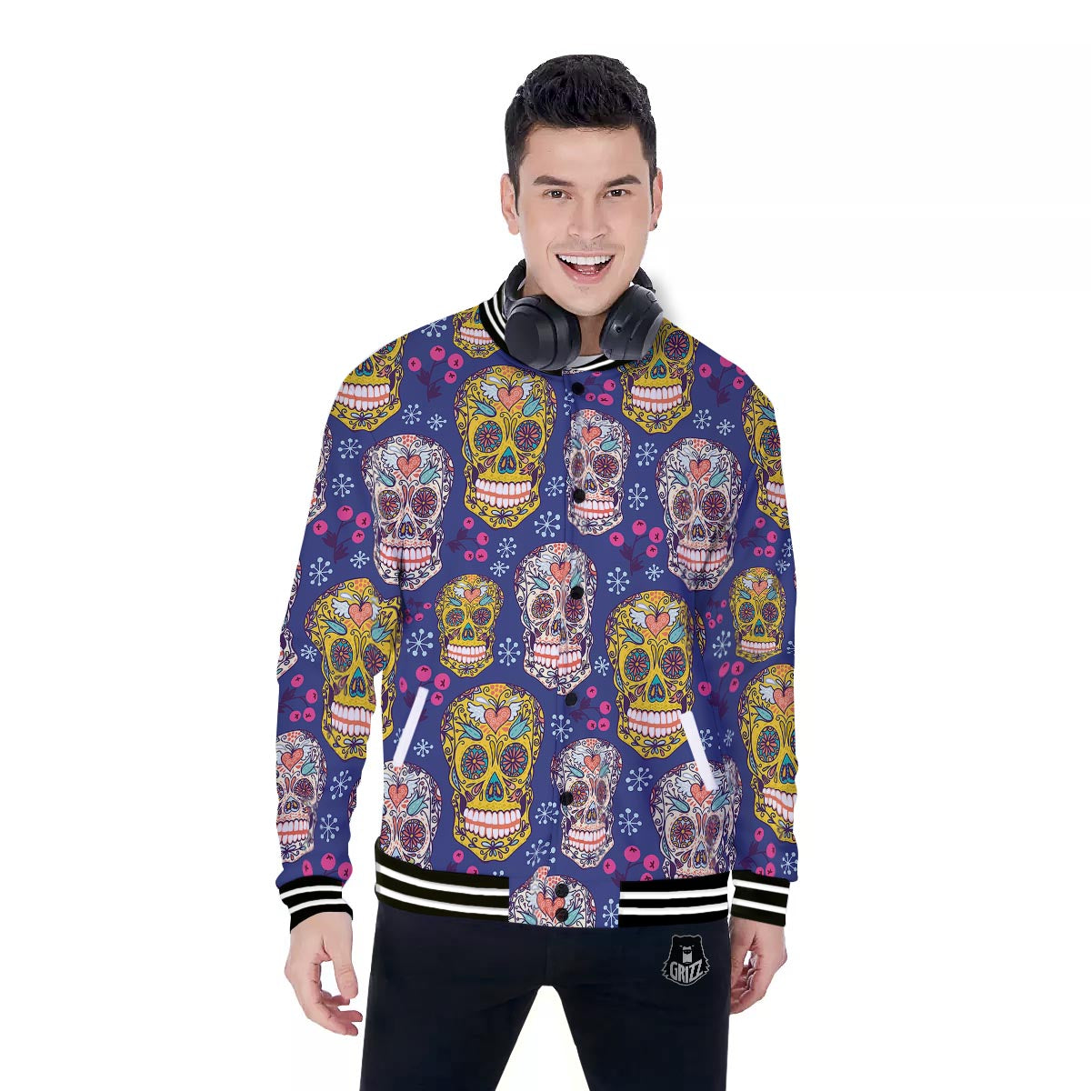 Skull Teal Sugar Print Pattern Baseball Jacket-grizzshop
