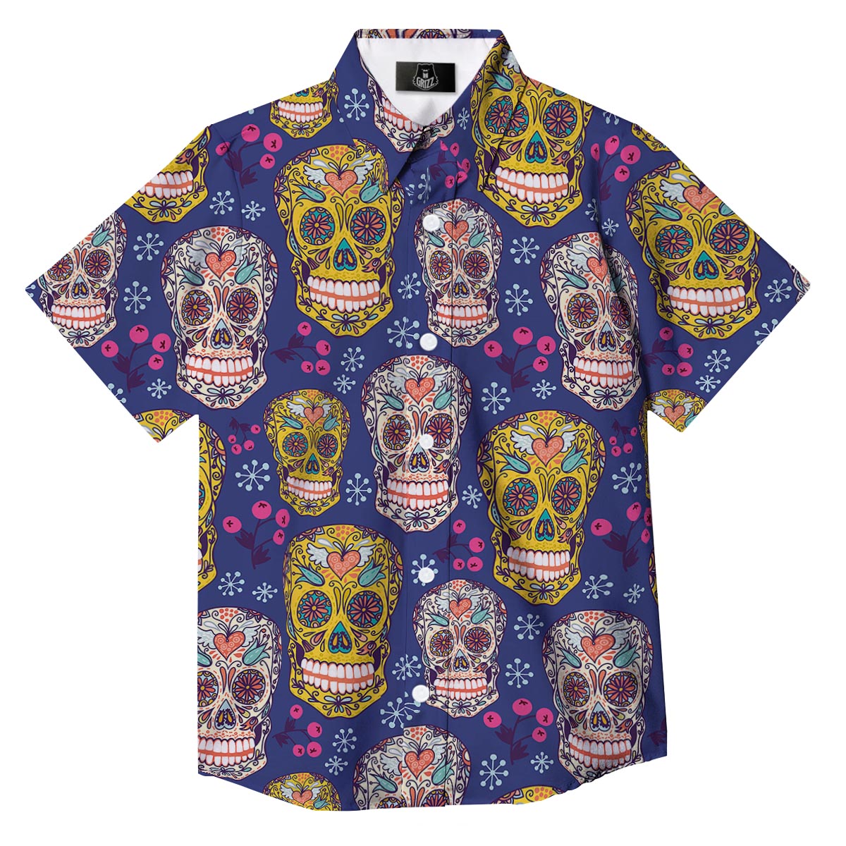 Skull Teal Sugar Print Pattern Button Up Shirt-grizzshop