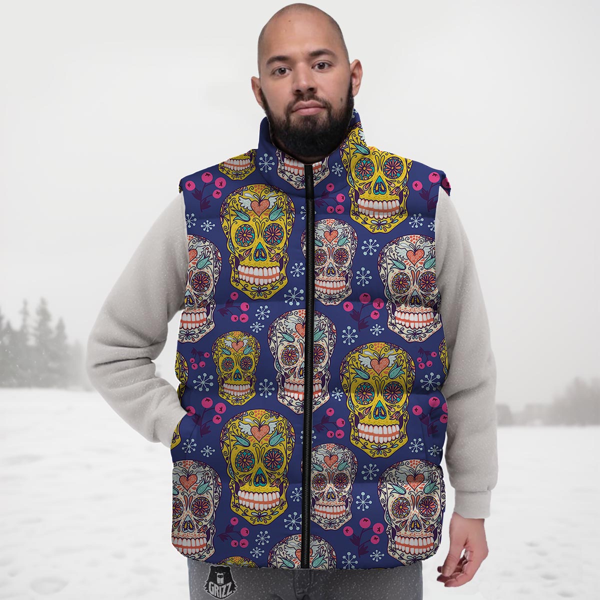 Skull Teal Sugar Print Pattern Down Vest-grizzshop