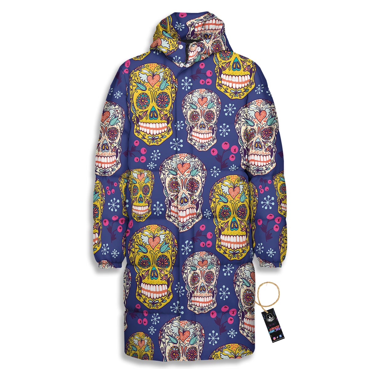 Skull Teal Sugar Print Pattern Long Down Jacket-grizzshop