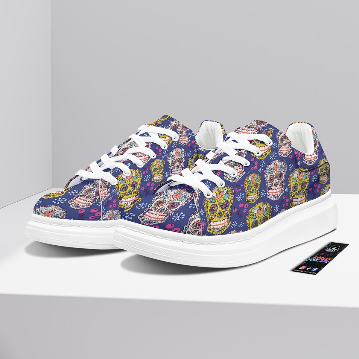 Skull Teal Sugar Print Pattern Platform Shoes-grizzshop
