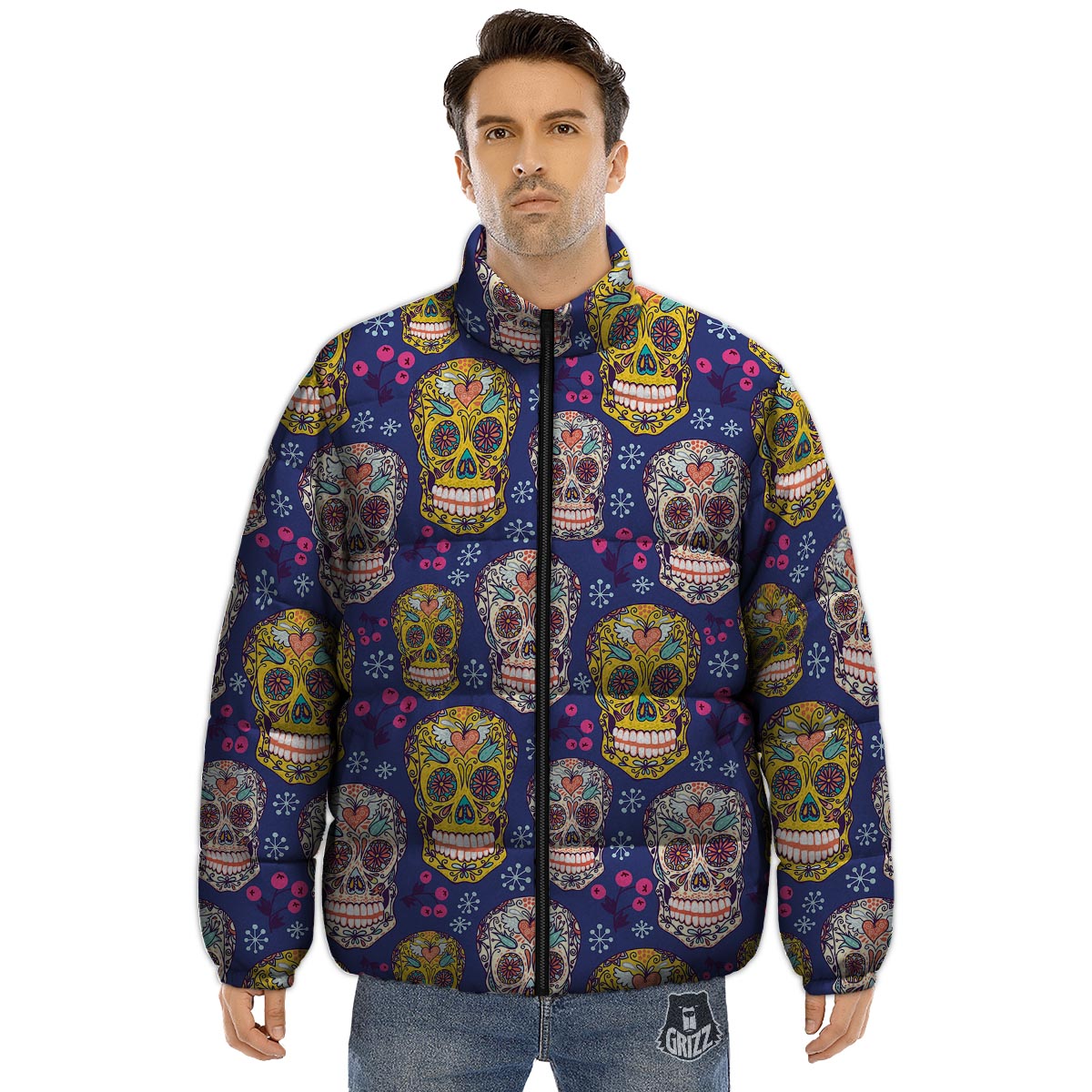 Skull Teal Sugar Print Pattern Puffer Jacket-grizzshop