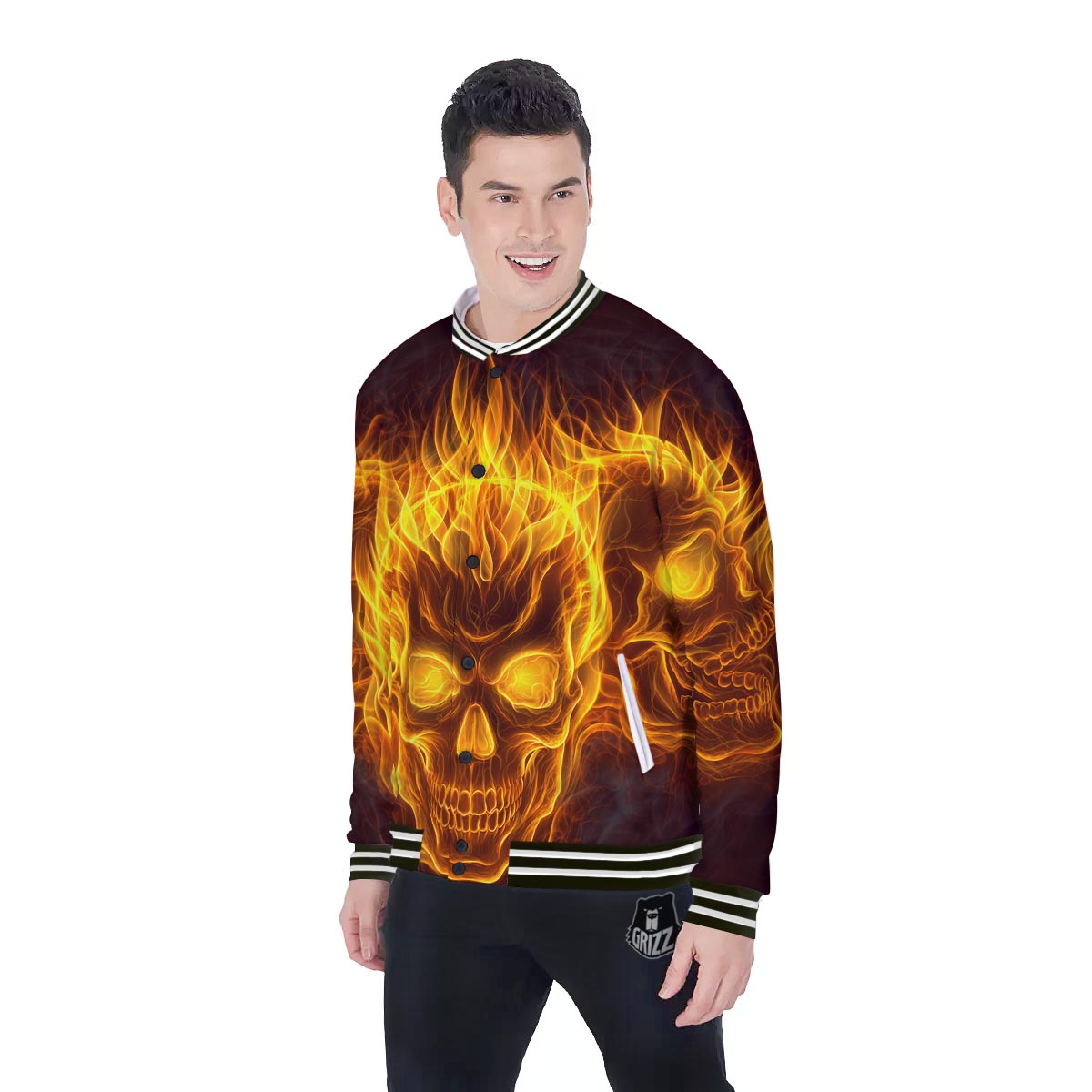 Skull Three Flaming Print Baseball Jacket-grizzshop
