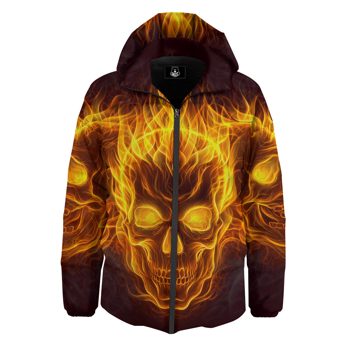 Skull Three Flaming Print Down Jacket-grizzshop