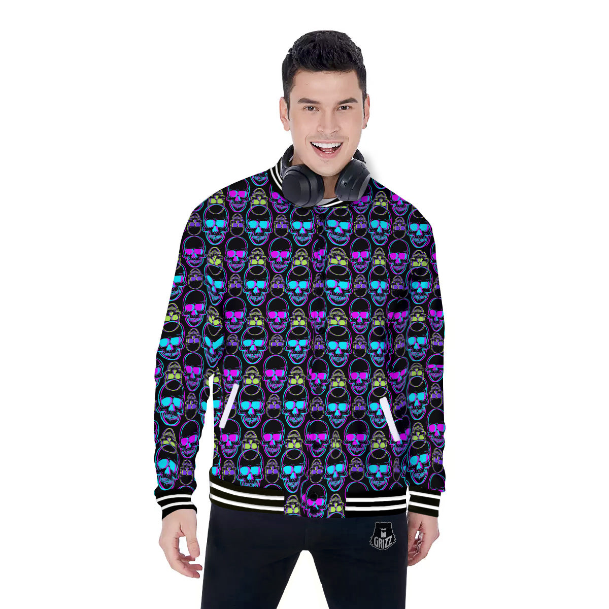 Skull Trippy Neon Print Pattern Baseball Jacket-grizzshop