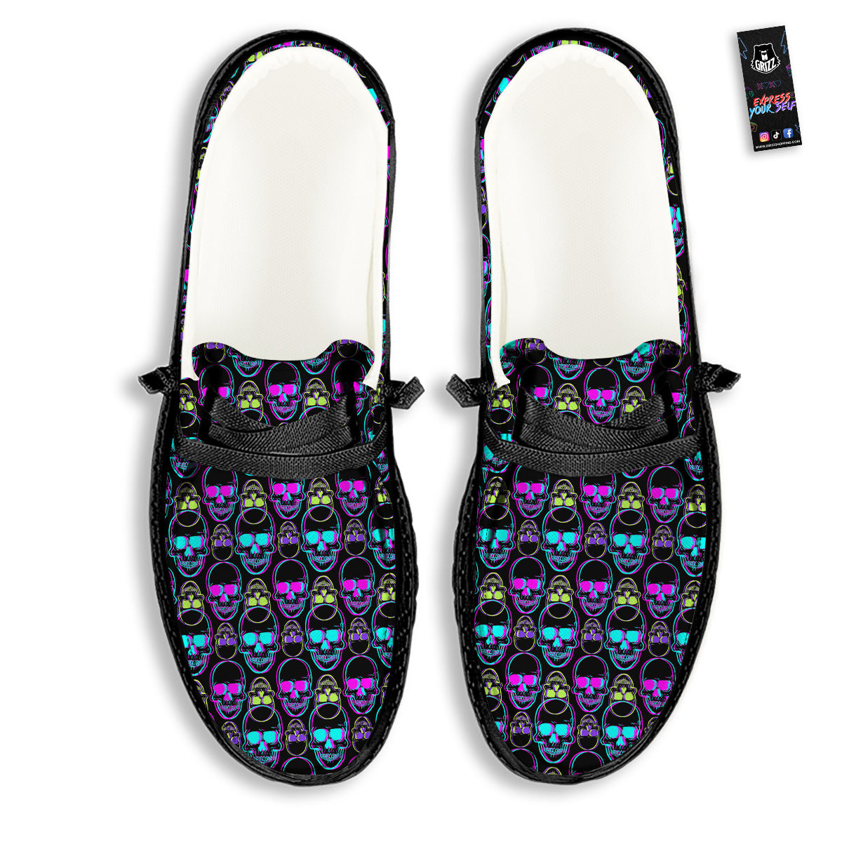 Skull Trippy Neon Print Pattern Black Loafers-grizzshop