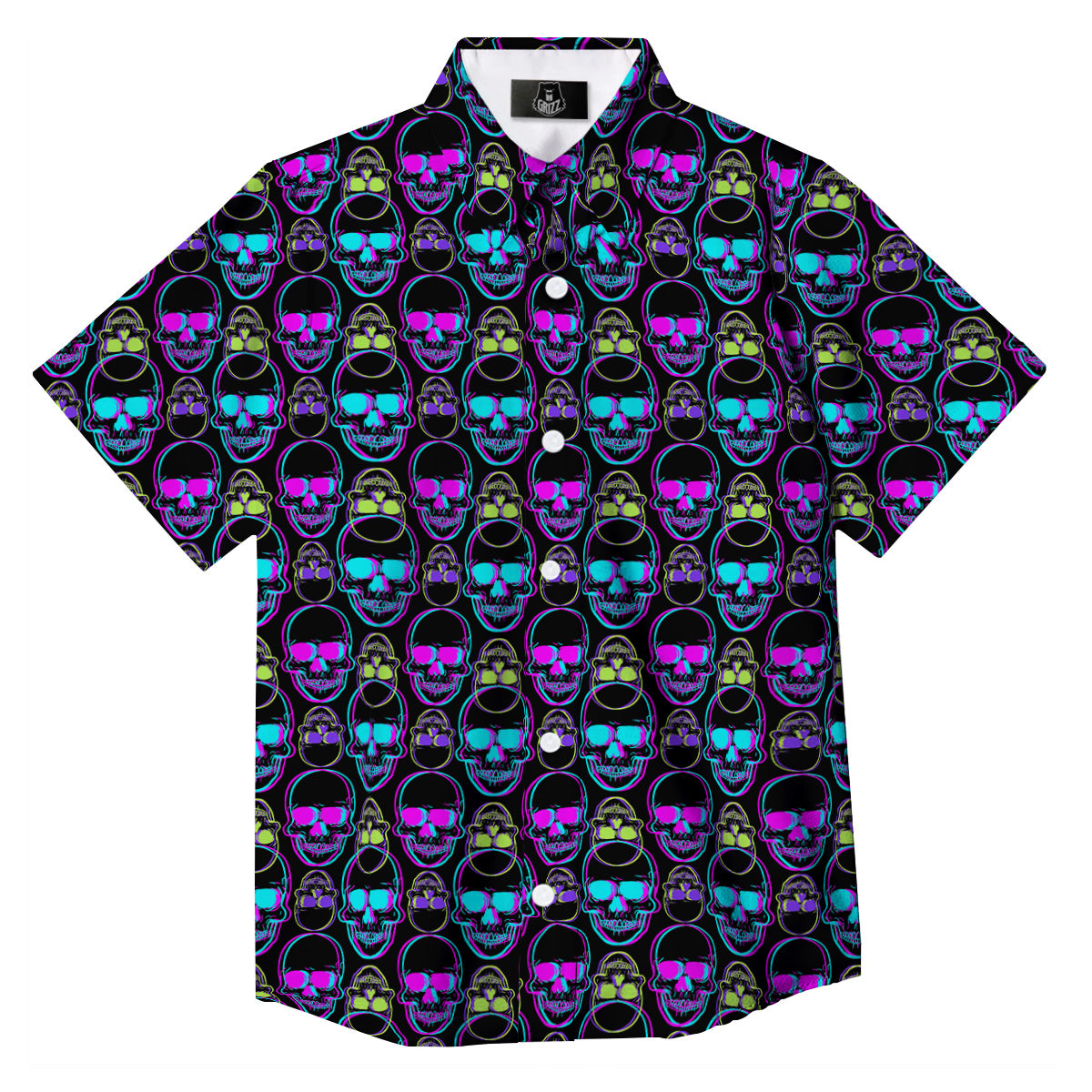 Skull Trippy Neon Print Pattern Button Up Shirt-grizzshop