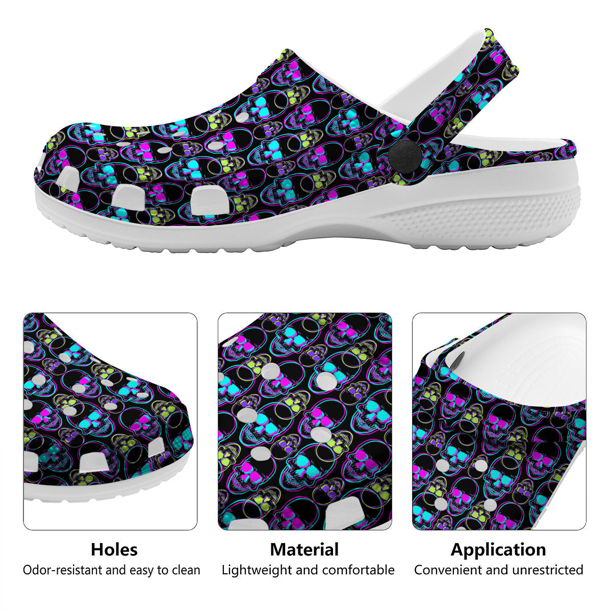 Skull Trippy Neon Print Pattern Clog-grizzshop