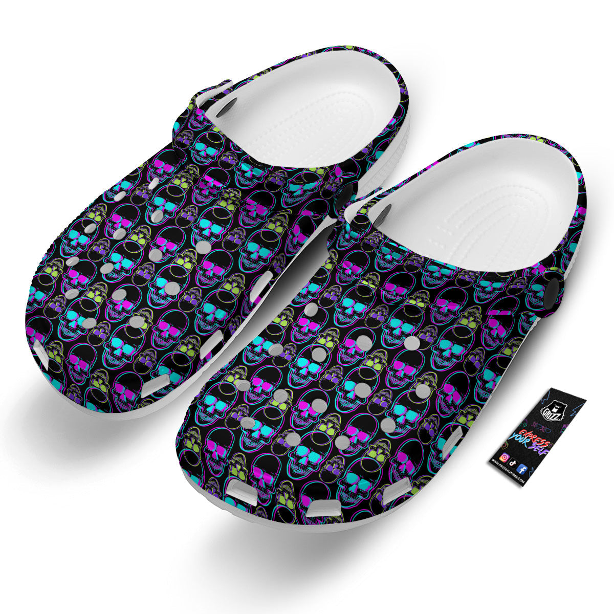 Skull Trippy Neon Print Pattern Clog-grizzshop