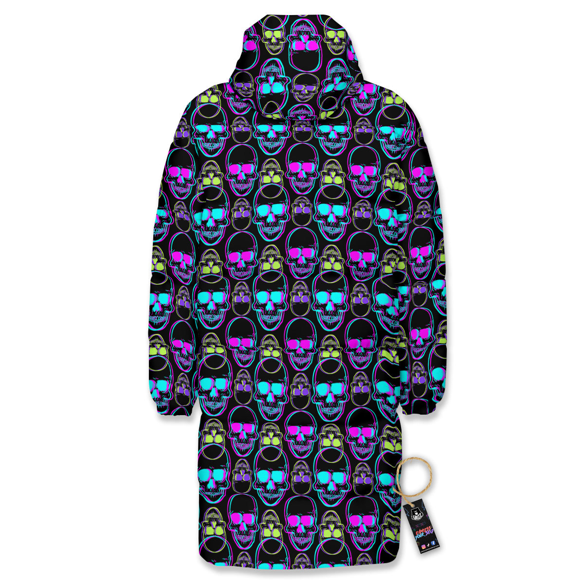 Skull Trippy Neon Print Pattern Long Down Jacket-grizzshop