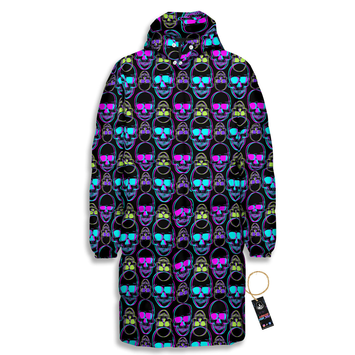 Skull Trippy Neon Print Pattern Long Down Jacket-grizzshop