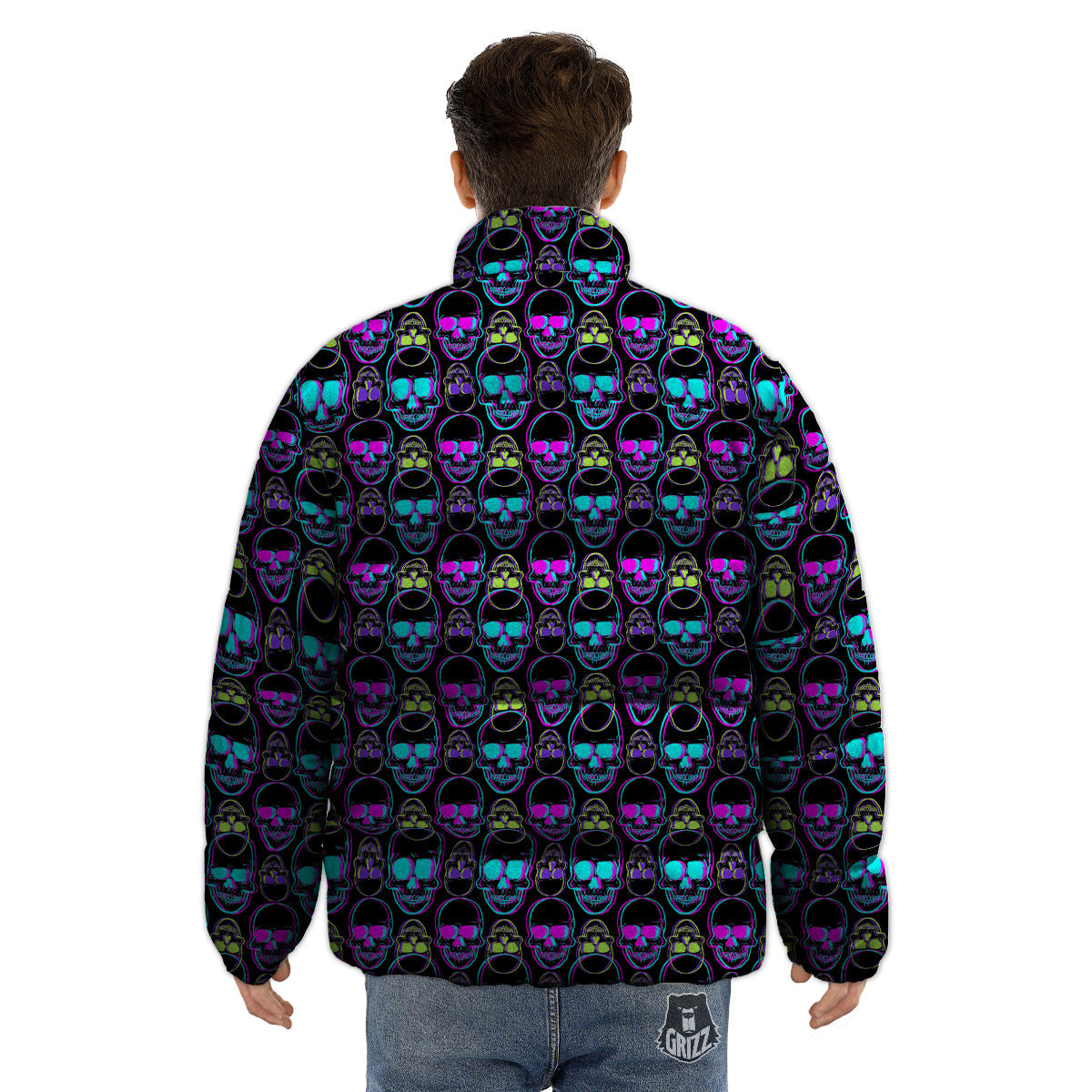Skull Trippy Neon Print Pattern Puffer Jacket-grizzshop