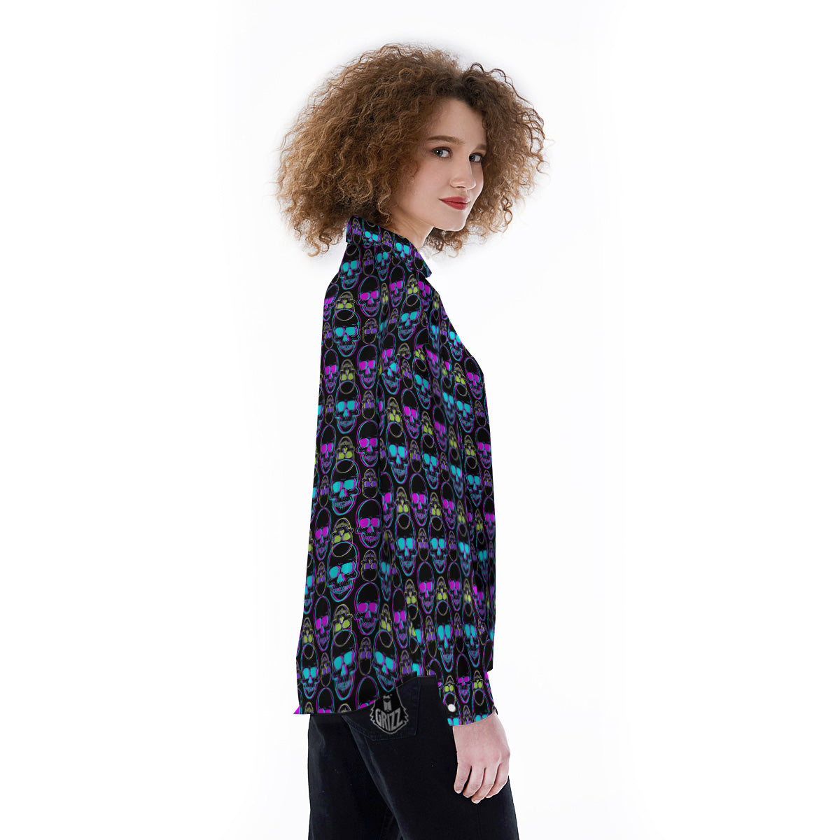 Skull Trippy Neon Print Pattern Women's Long Sleeve Shirts-grizzshop