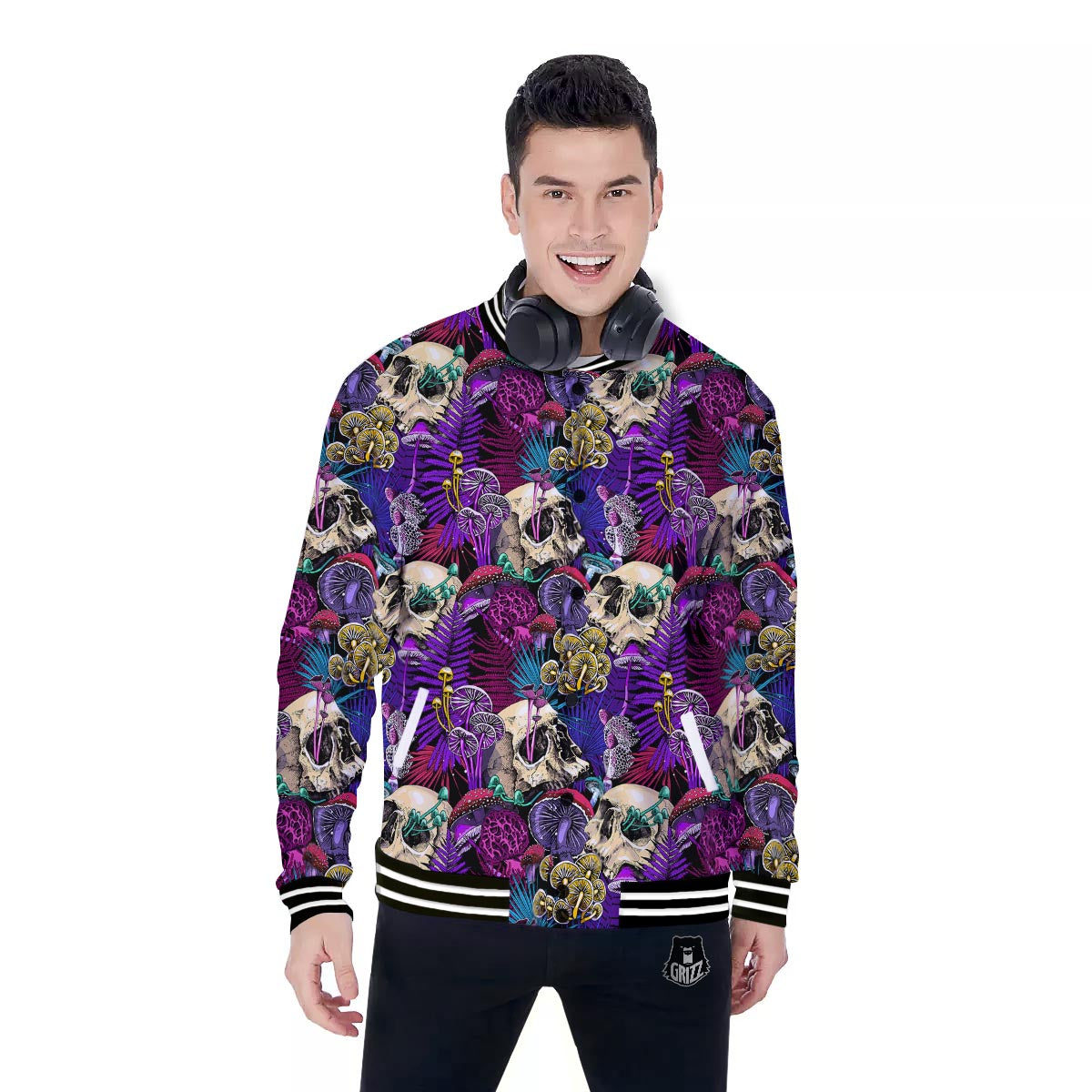 Skull Trippy Print Pattern Baseball Jacket-grizzshop