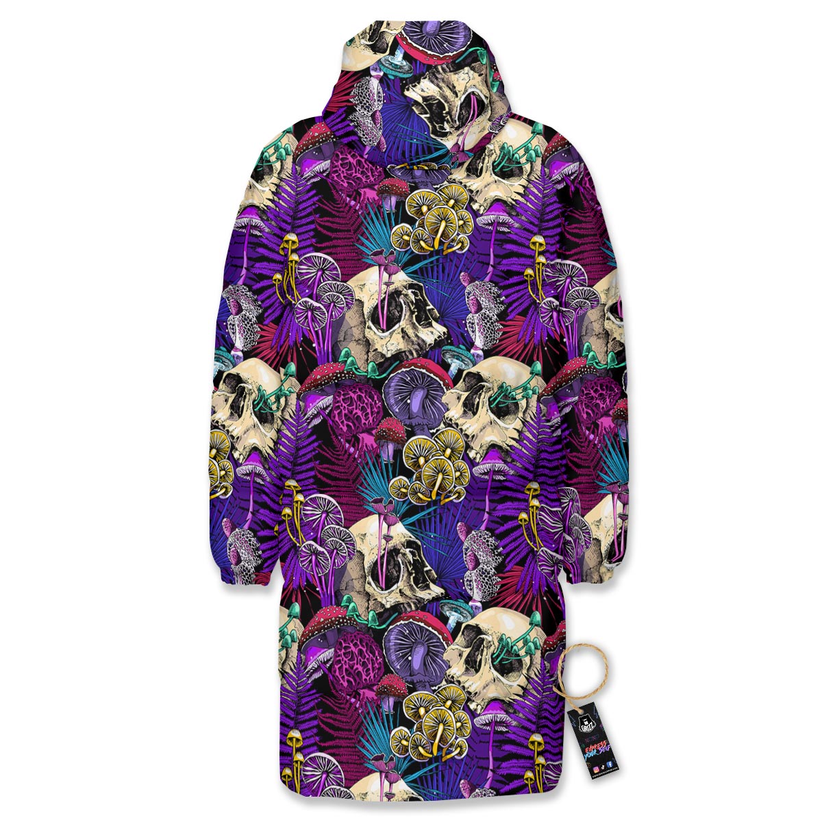 Skull Trippy Print Pattern Long Down Jacket-grizzshop