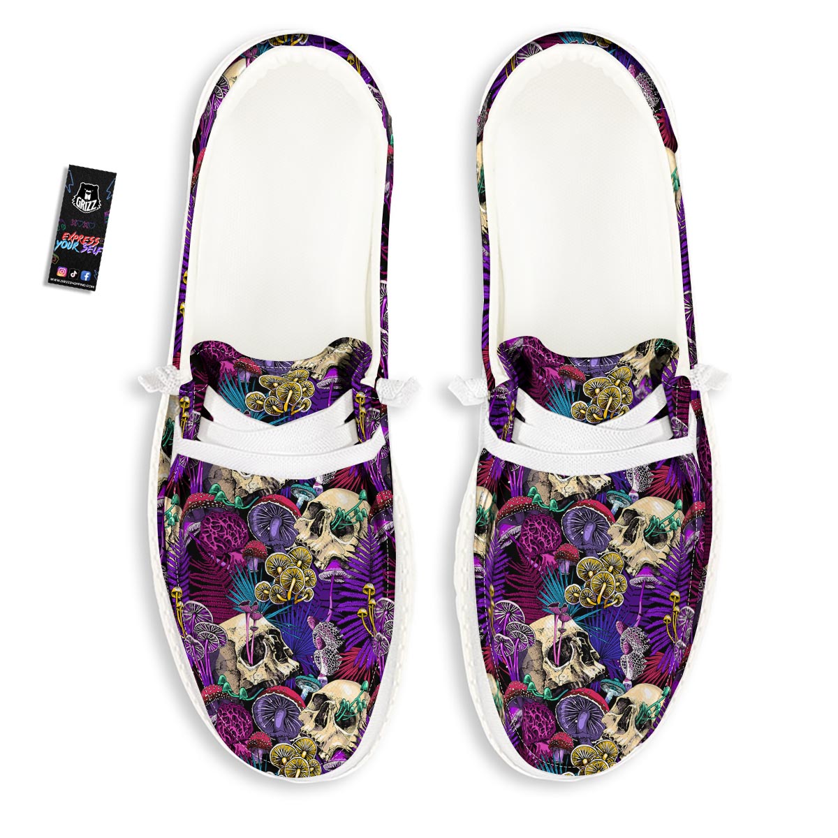 Skull Trippy Print Pattern White Loafers-grizzshop