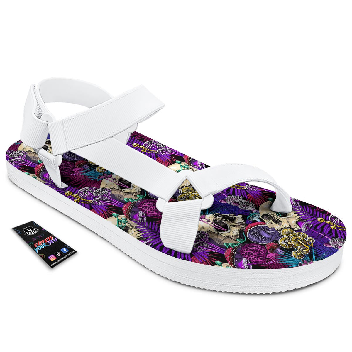 Skull Trippy Print Pattern White Open Toe Sandals-grizzshop