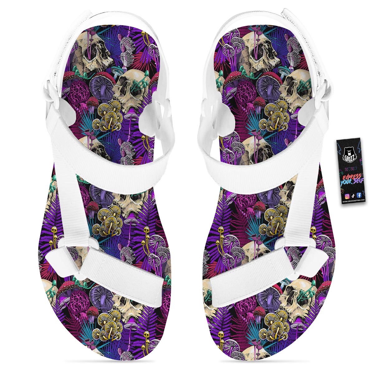 Skull Trippy Print Pattern White Open Toe Sandals-grizzshop