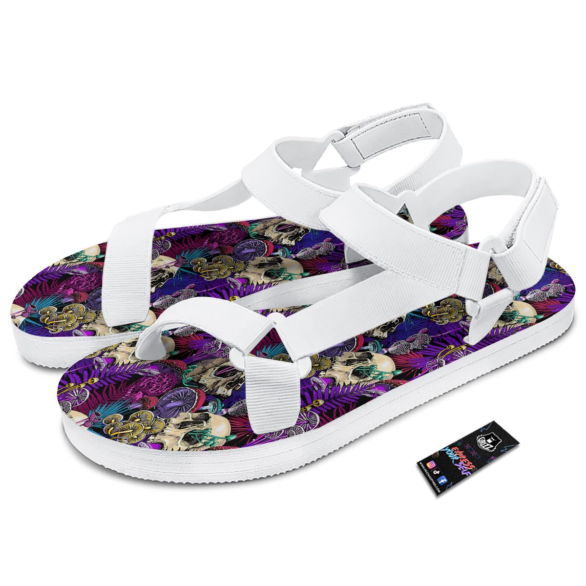 Skull Trippy Print Pattern White Open Toe Sandals-grizzshop