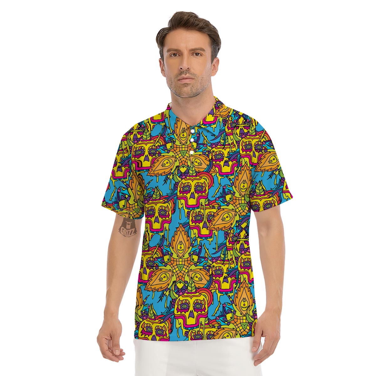 Skull Trippy Psychedelic Men's Golf Shirts-grizzshop