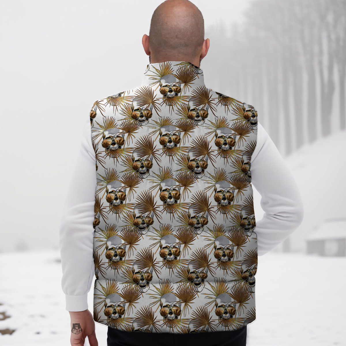 Skull Tropical Gold Print Pattern Down Vest-grizzshop