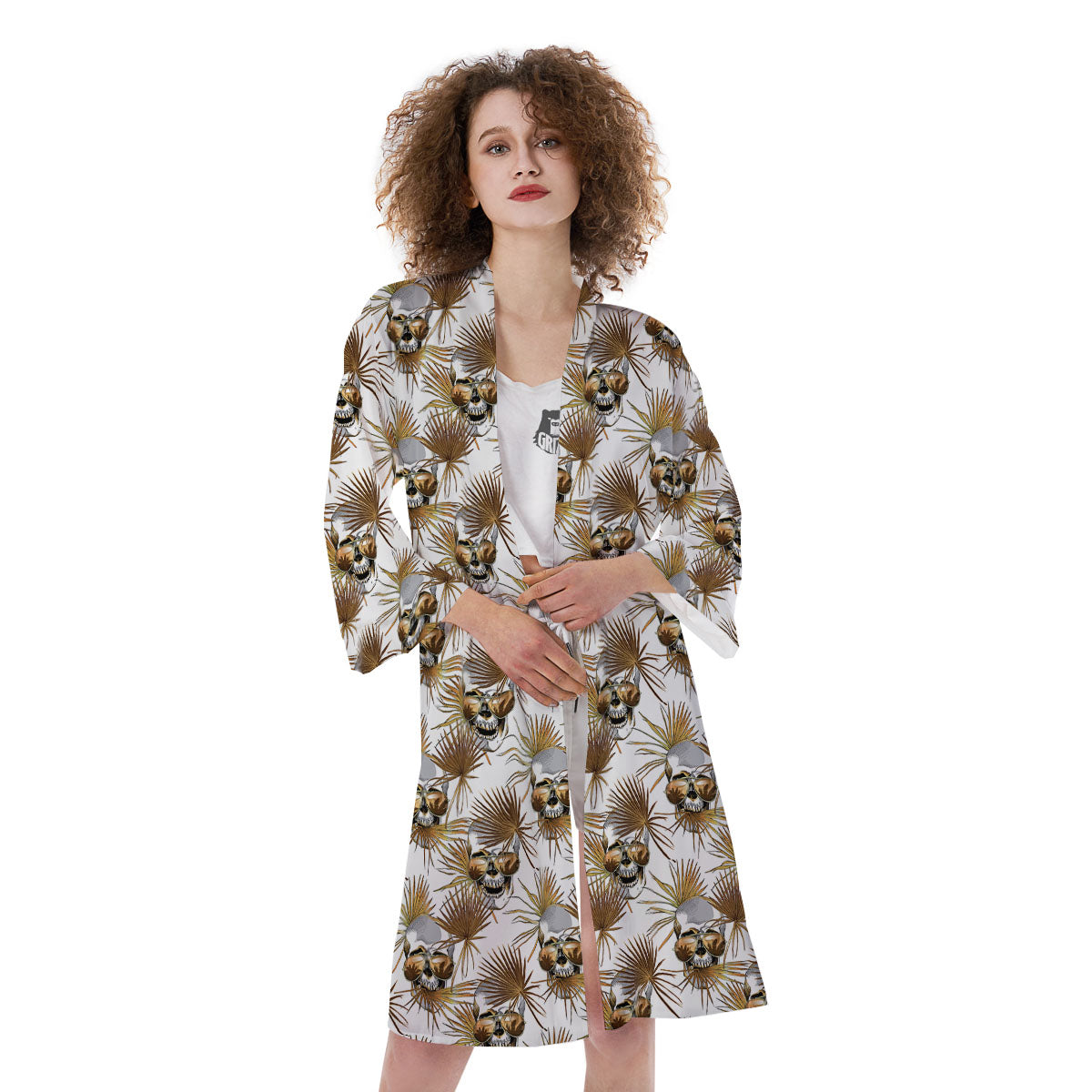 Skull Tropical Gold Print Pattern Kimono-grizzshop