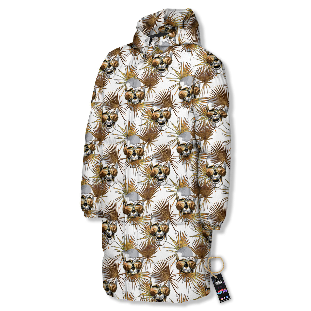 Skull Tropical Gold Print Pattern Long Down Jacket-grizzshop